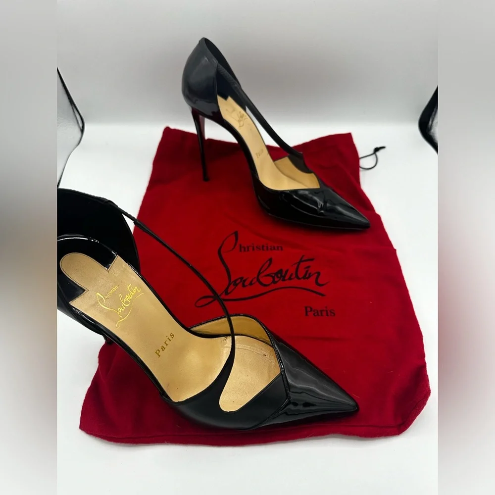 Christian Louboutin Black Patent Leather T-Strap Pointed Toe Pumps